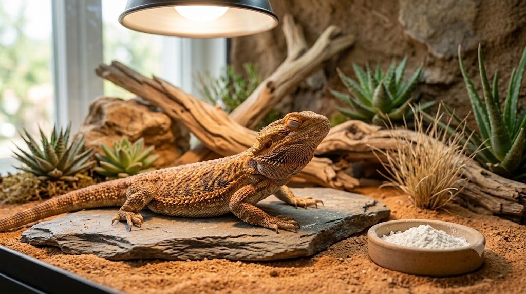 Reptile sous lampe UVB avec poudre de calcium sur insectes