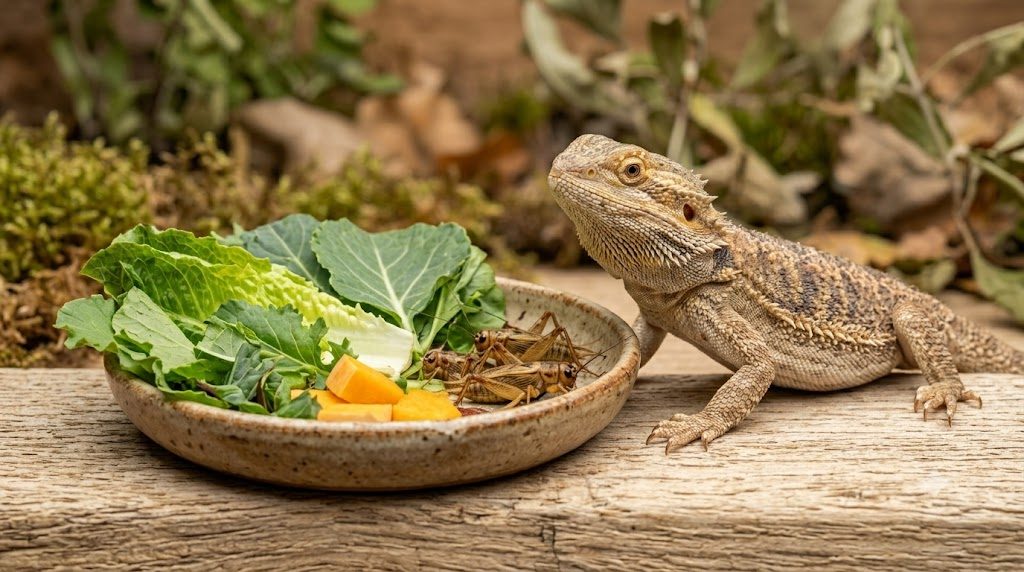 Pogona adulte devant une gamelle de légumes et de grillons