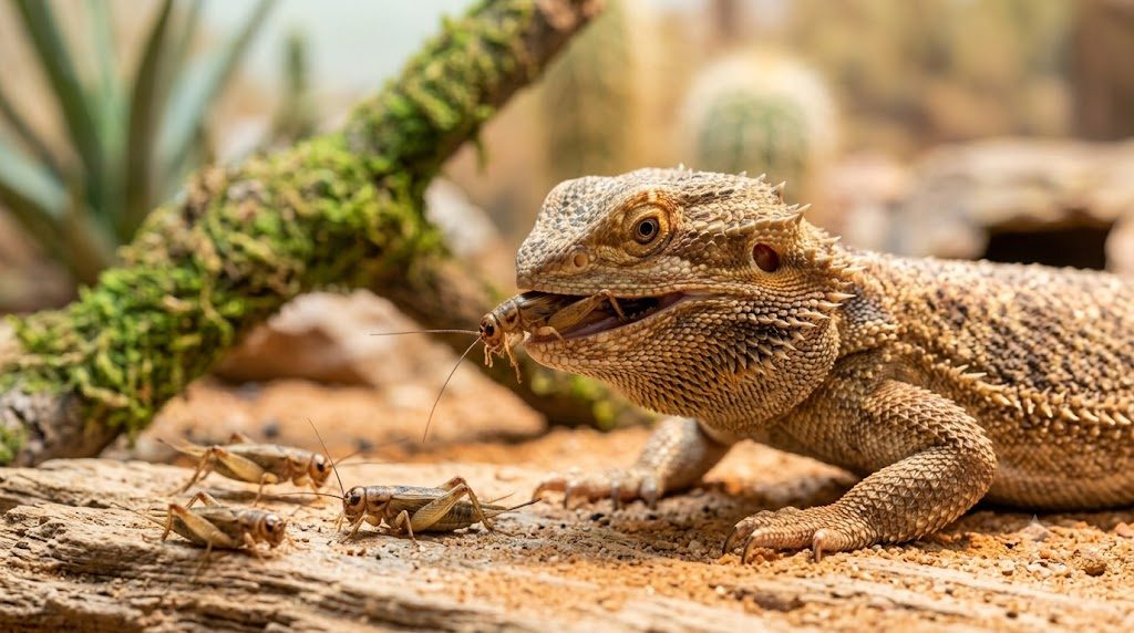 Pogona adulte attrapant un grillon domestique dans son terrarium