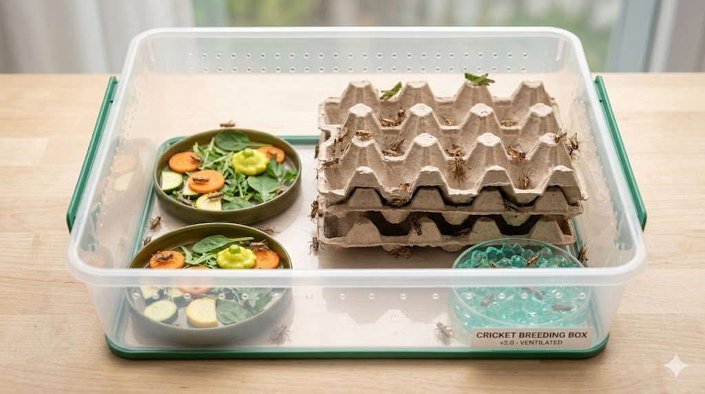 Boîte d'élevage d'insectes bien ventilée avec boîtes à œufs et point d'eau