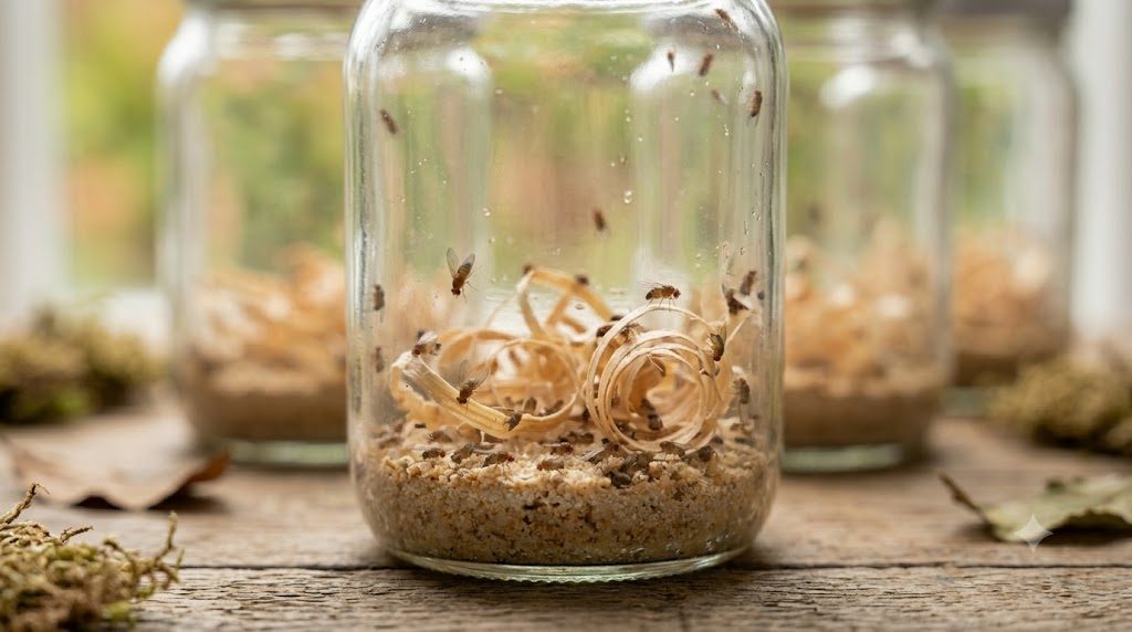 Pots de culture de drosophiles avec milieu nutritif