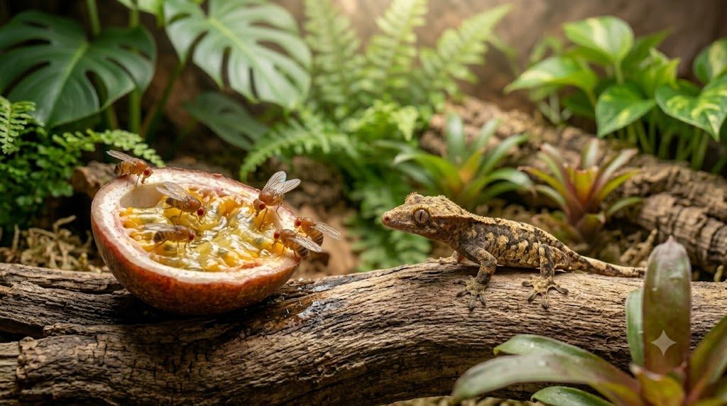 Gecko à crête observant des drosophiles aptères dans son terrarium