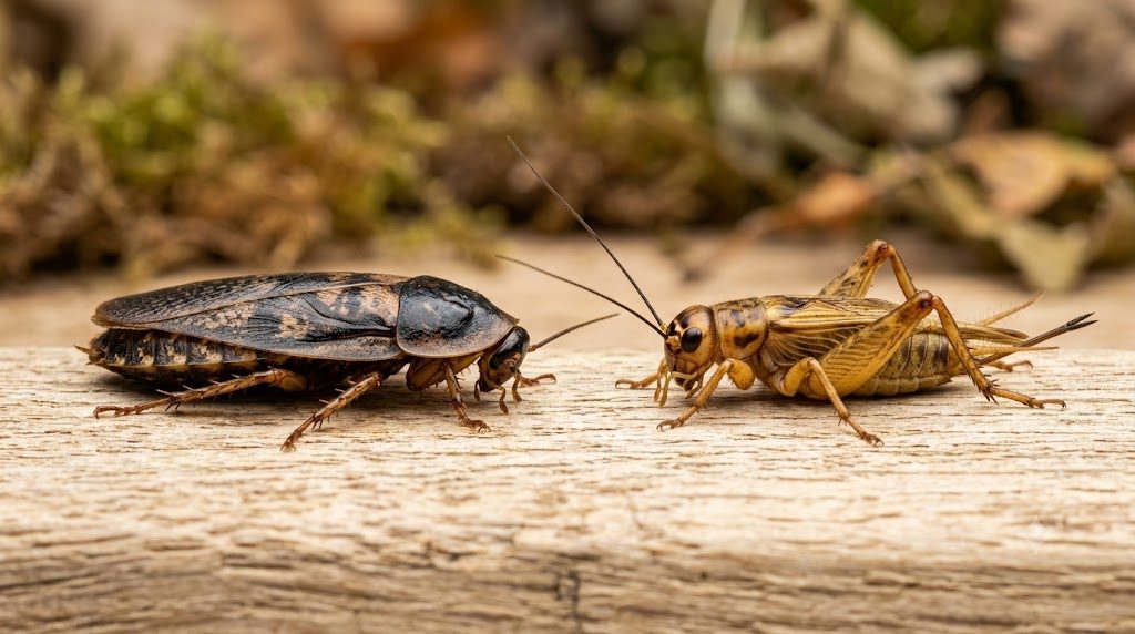 Blatte Dubia et grillon domestique côte à côte sur fond de terrarium