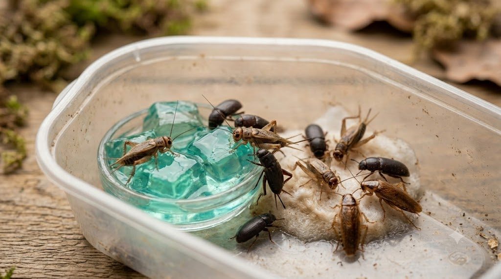 Insectes nourriciers s'abreuvant sur du gel à insectes dans une boîte d'élevage