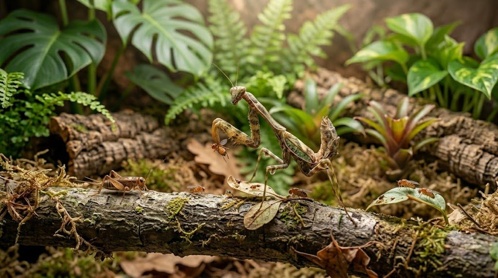 Mante religieuse capturant une mouche sur une branche