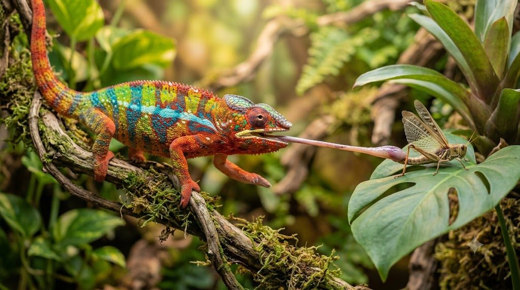 Cameleon casque attrapant un insecte avec sa langue