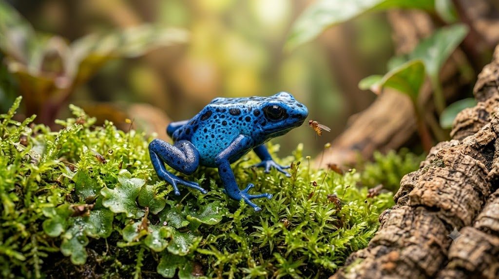 Dendrobate coloré dans un terrarium tropical chassant une micro-proie