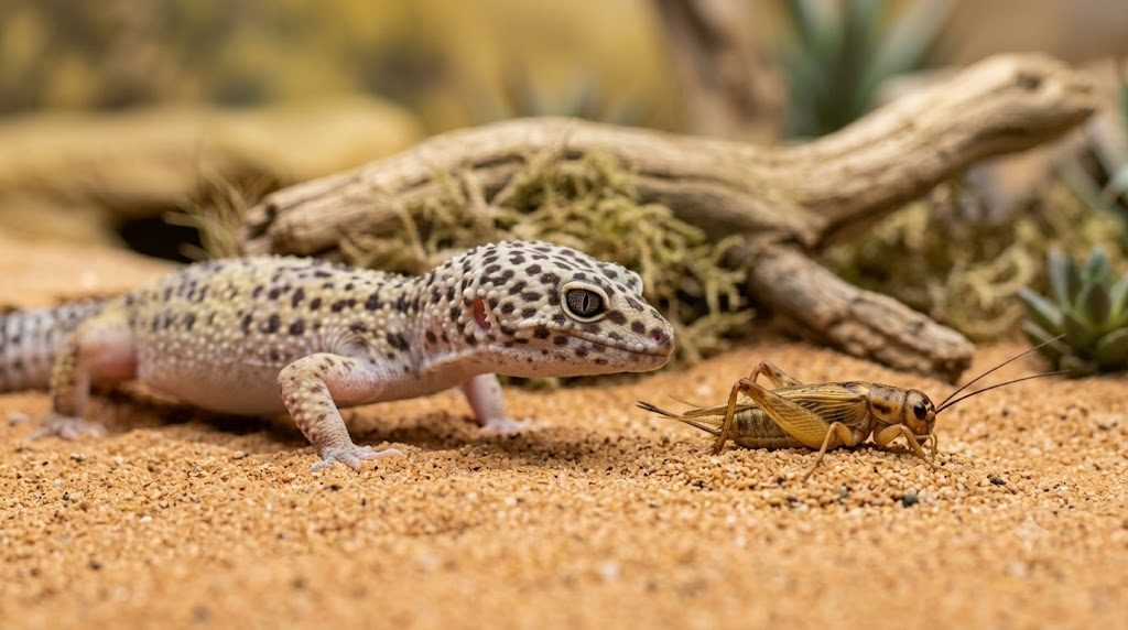 Gecko leopard chassant un grillon dans son terrarium