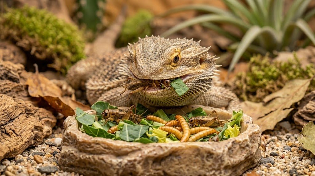 Pogona adulte mangeant des insectes et des legumes dans son terrarium