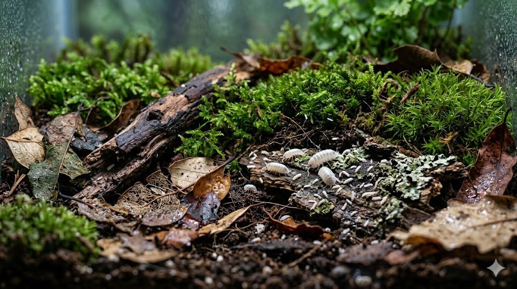 Substrat de terrarium bioactif avec mousse, feuilles mortes, cloportes et collemboles