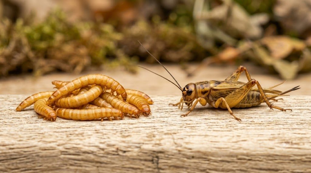 Vers de farine et grillon domestique présentés côte à côte