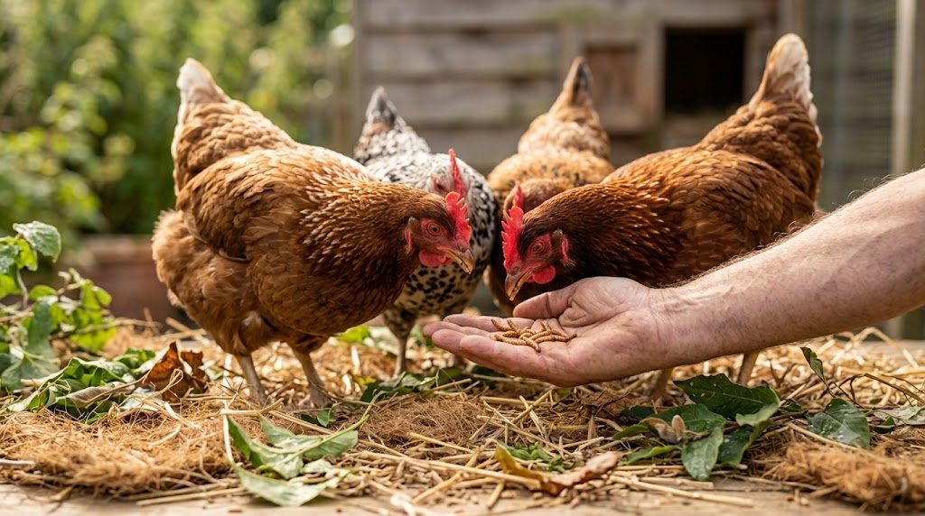 Poule rousse picorant des vers de farine vivants dans un poulailler