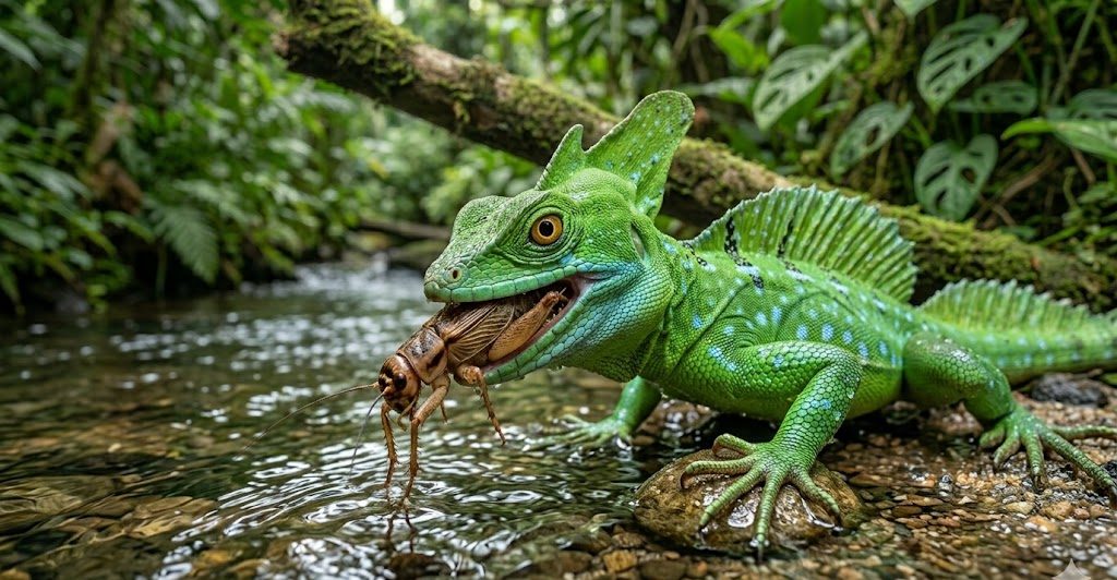 Basilic vert en train de se nourrir d'un insecte