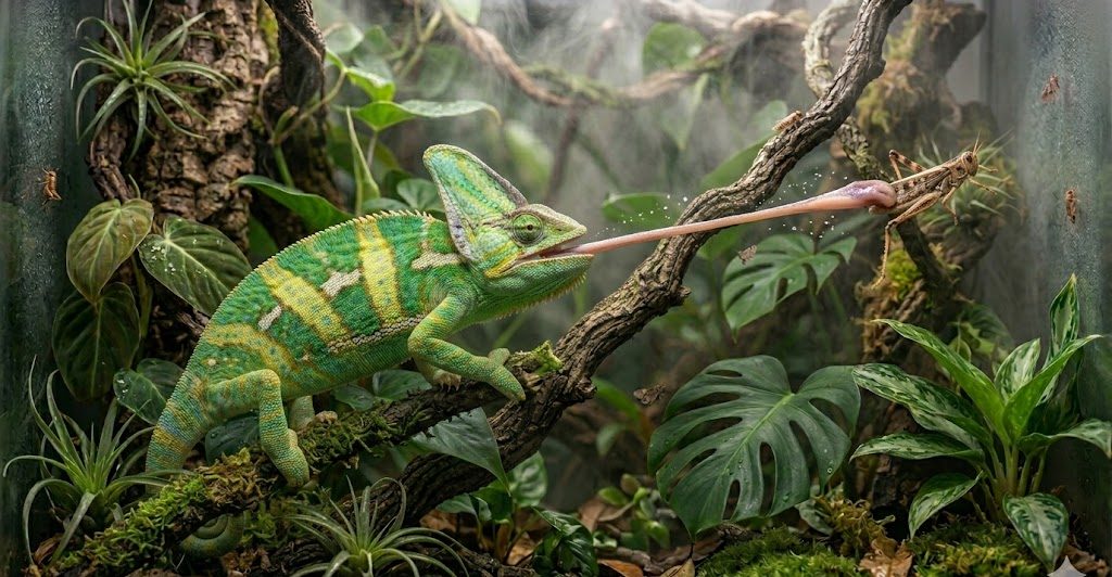 Caméléon casqué en train de se nourrir d'un insecte