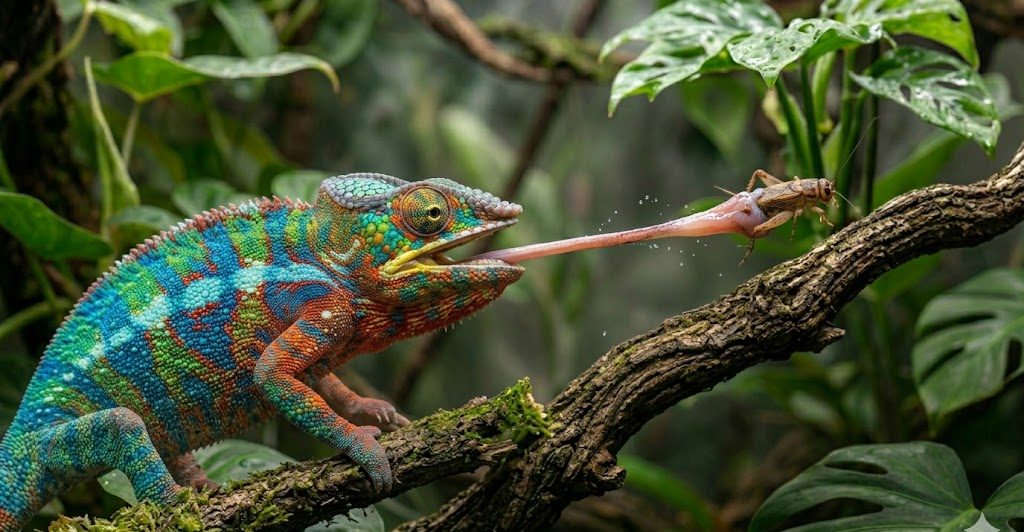 Caméléon panthère en train de se nourrir d'un insecte