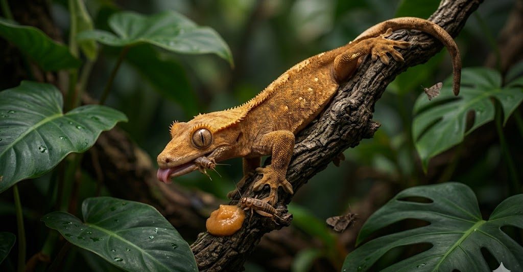 Gecko à crête en train de se nourrir d'un insecte
